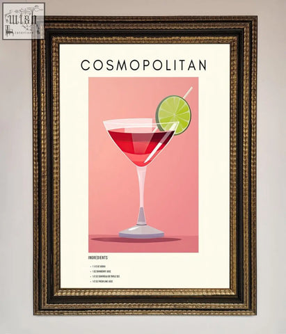 A cosmopolitan framed poster featuring a stylized red cocktail in a martini glass with a lime slice garnish