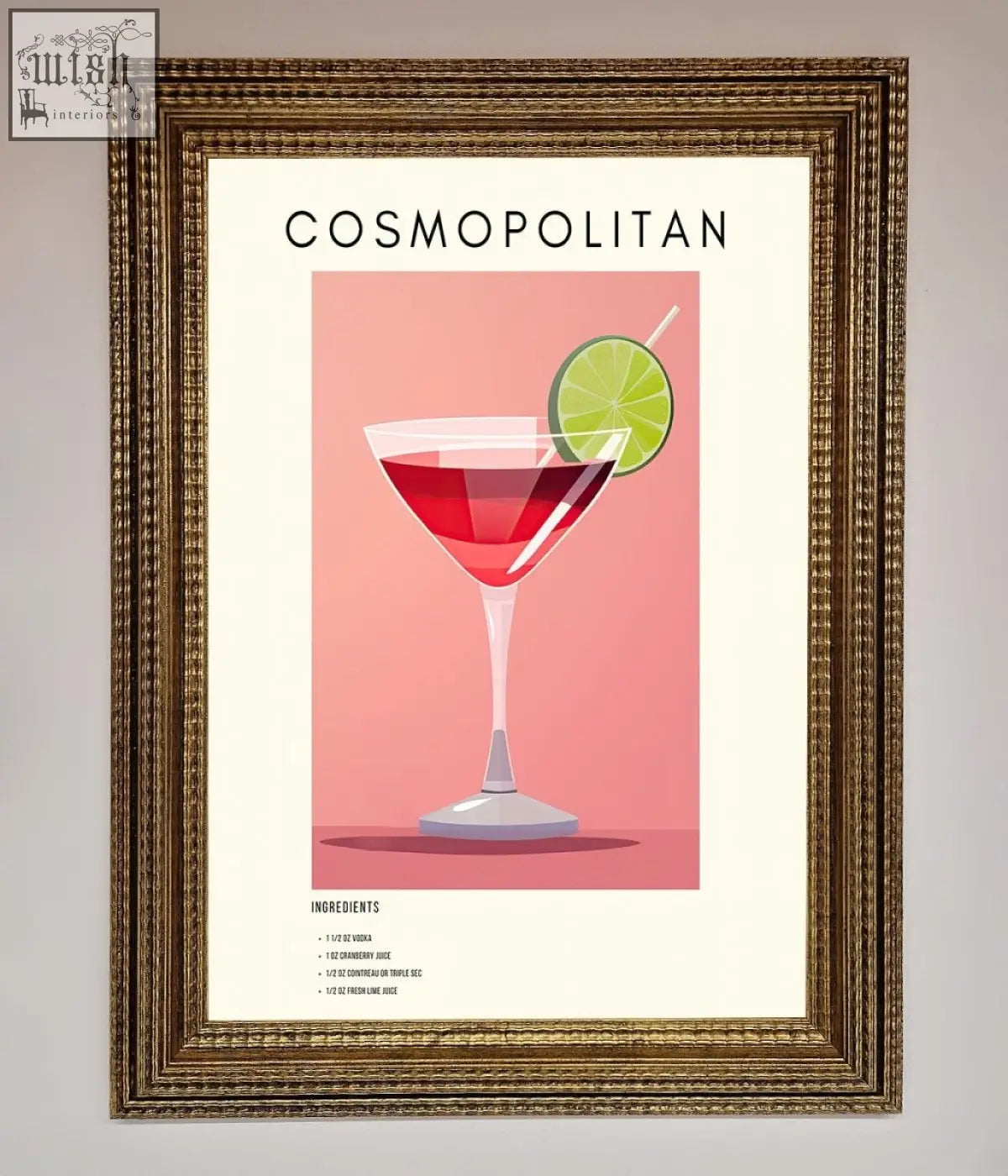 A cosmopolitan framed poster featuring a red cocktail in a martini glass with lime on a pink background
