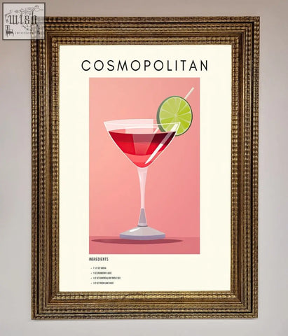 A cosmopolitan framed poster featuring a red cocktail in a martini glass with lime on a pink background