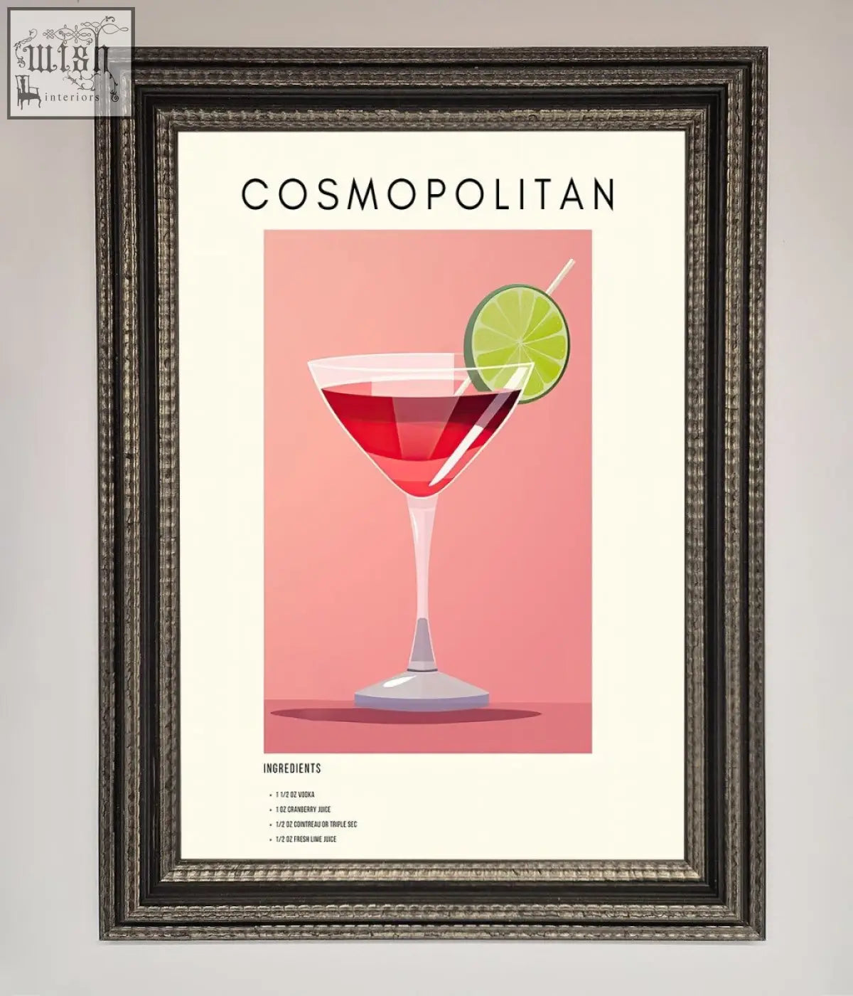 A cosmopolitan framed poster featuring a red cocktail in a martini glass with a lime wedge garnish perfect for decor