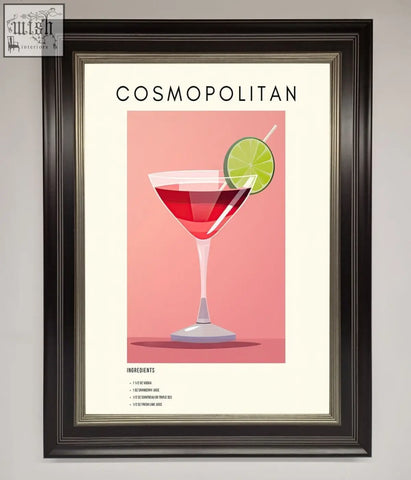 A cosmopolitan framed poster showing a red cosmopolitan cocktail in a martini glass with lime on a pink background