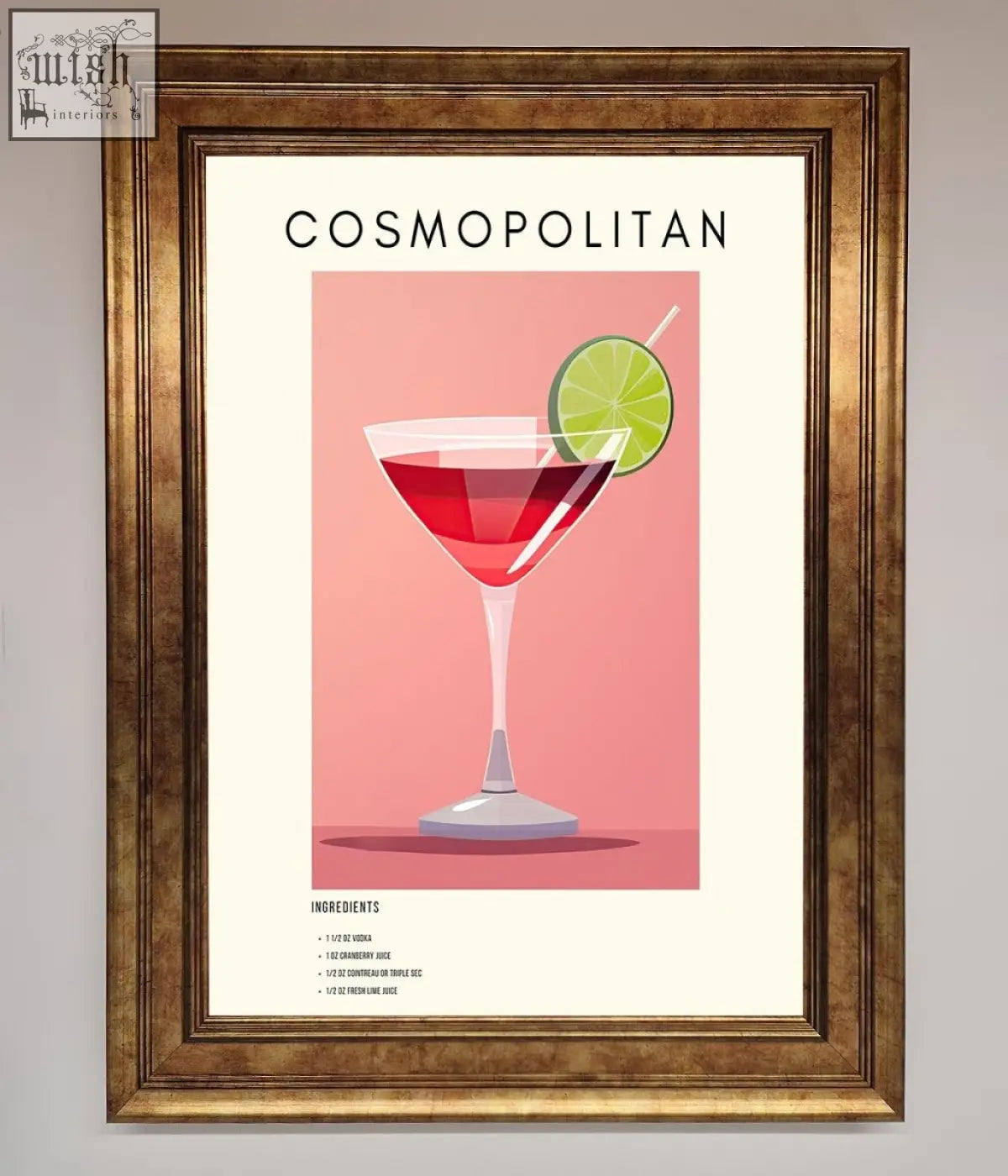 A cosmopolitan framed poster showing a red cocktail in a martini glass with lime garnish in a stylish frame