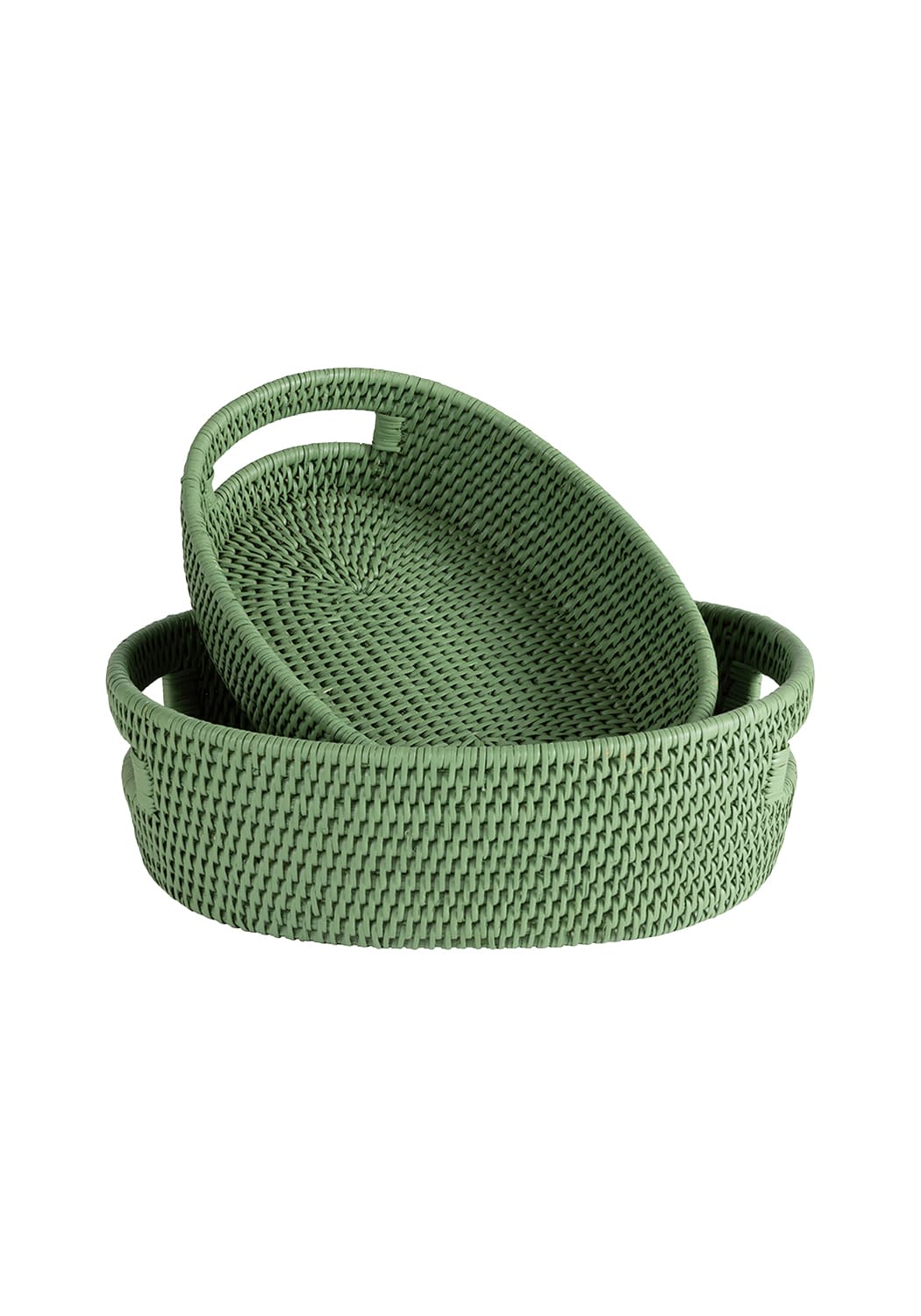 Set of two sage green woven oval rattan trays with integrated handles for serving or decor