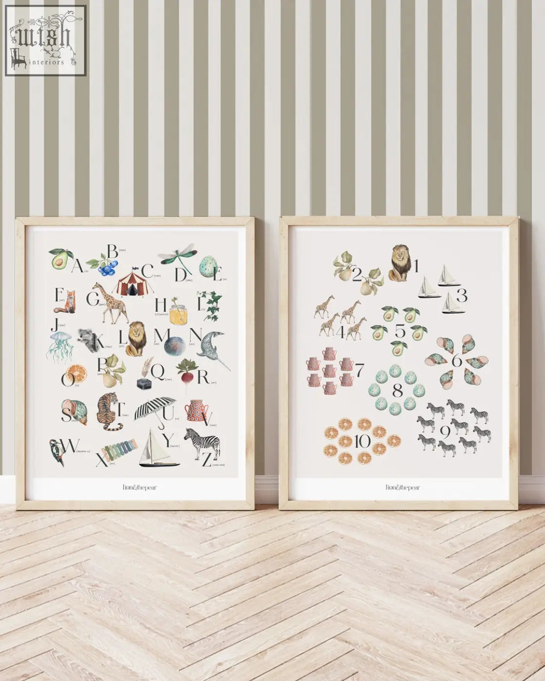 Two framed count with me numbers art print posters with hand-drawn numbers poster in soft watercolor style on cream background
