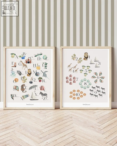 Two framed count with me numbers art print posters with hand-drawn numbers poster in soft watercolor style on cream background