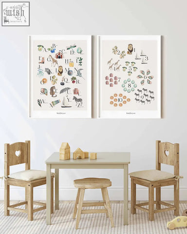 Two framed educational numbers poster featuring colorful hand-drawn numbers with animals in soft watercolor style