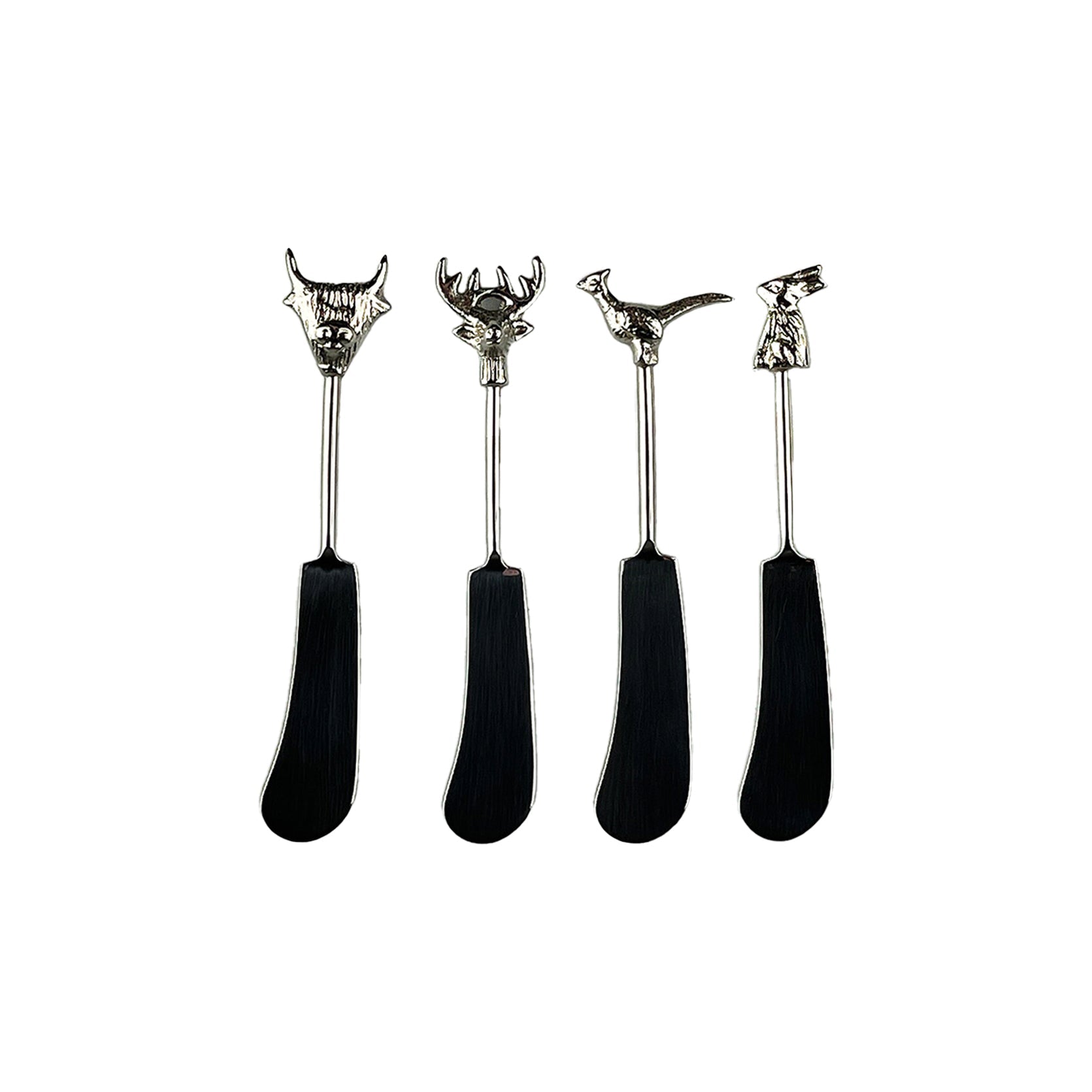Set of four silver-toned country animals butter knives with black handles perfect as animals butter knives