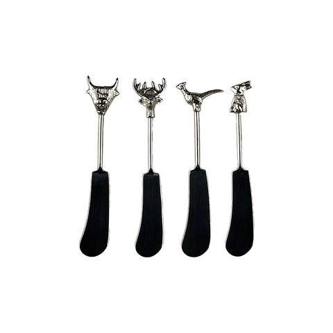 Set of four silver-toned country animals butter knives with black handles perfect as animals butter knives