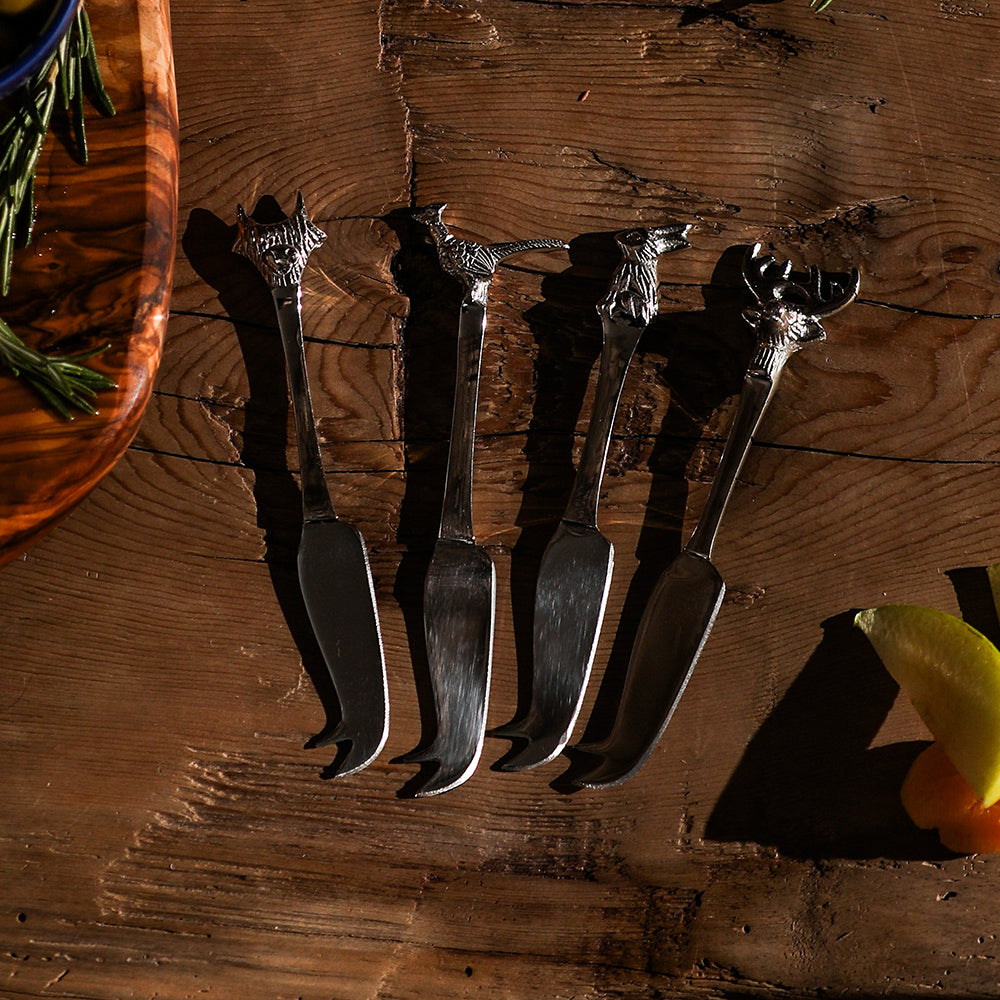 Set of four silver-toned country animals mini cheese knives with detailed animal head handles for cheese serving