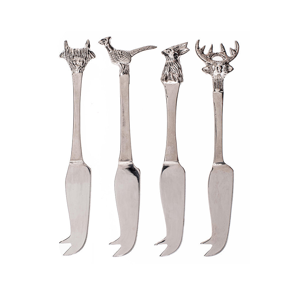 Set of four silver country animals mini cheese knives with animal head handles for serving cheese