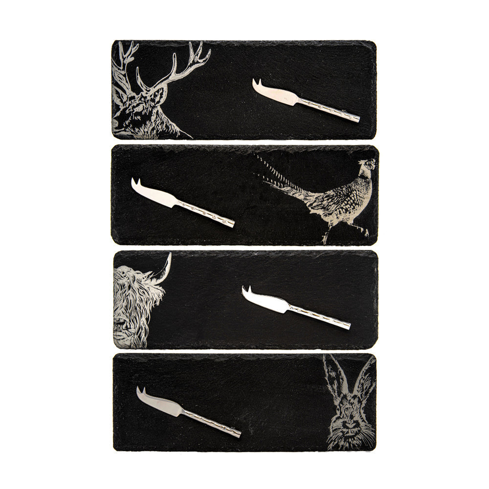 Set of four black mini slate cheese boards with engraved country animals paired with silver cheese knives