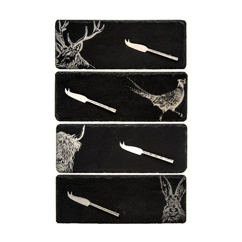 Set of four black mini slate cheese boards with engraved country animals paired with silver cheese knives
