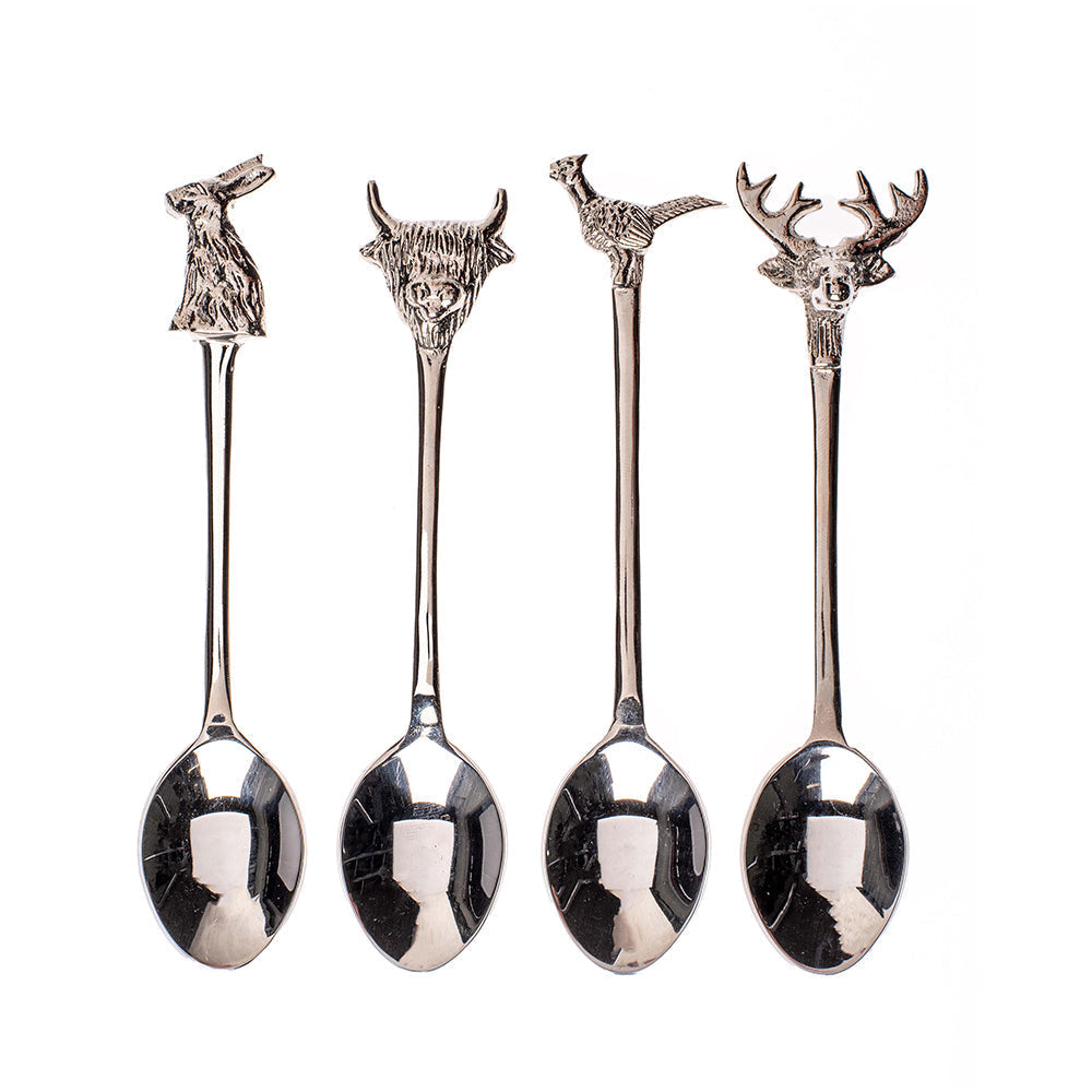 Set of four silver country animals spoons with rabbit highland cow pheasant and stag heads perfect gift box idea