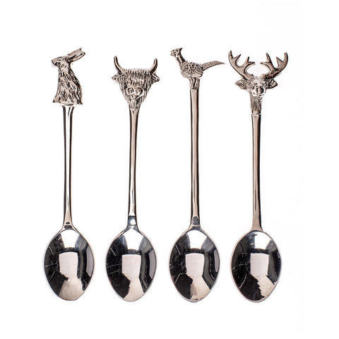 Set of four silver country animals spoons with rabbit highland cow pheasant and stag heads perfect gift box idea