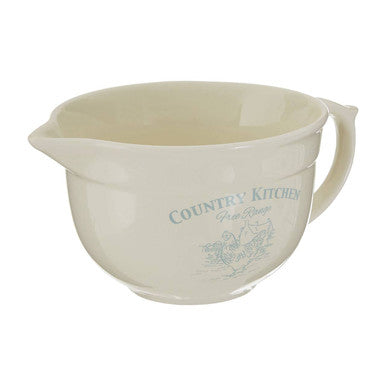 Cream-colored ceramic country kitchen basting jug with gray script and decorative chicken illustration