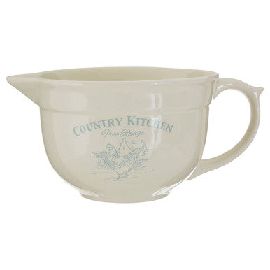 Cream-colored ceramic country kitchen basting jug with gray script and farm animals design perfect for kitchen basting jug use