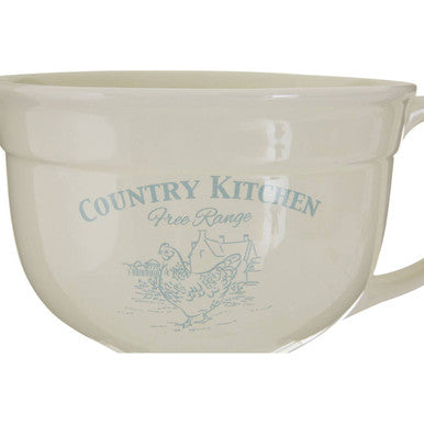 Cream-colored ceramic country kitchen basting jug with blue chicken design perfect kitchen basting jug