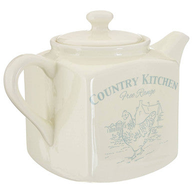 Cream-colored ceramic country kitchen teapot with square body and classic artwork featuring a chicken scene