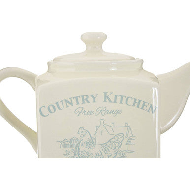 Cream-colored ceramic country kitchen teapot with square body and classic artwork farm illustration in muted gray