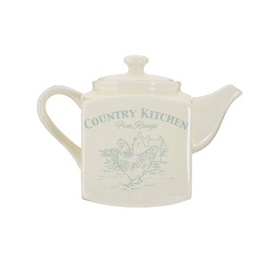 Cream-colored ceramic country kitchen teapot with grayish-blue farmhouse and chicken design perfect for kitchen use