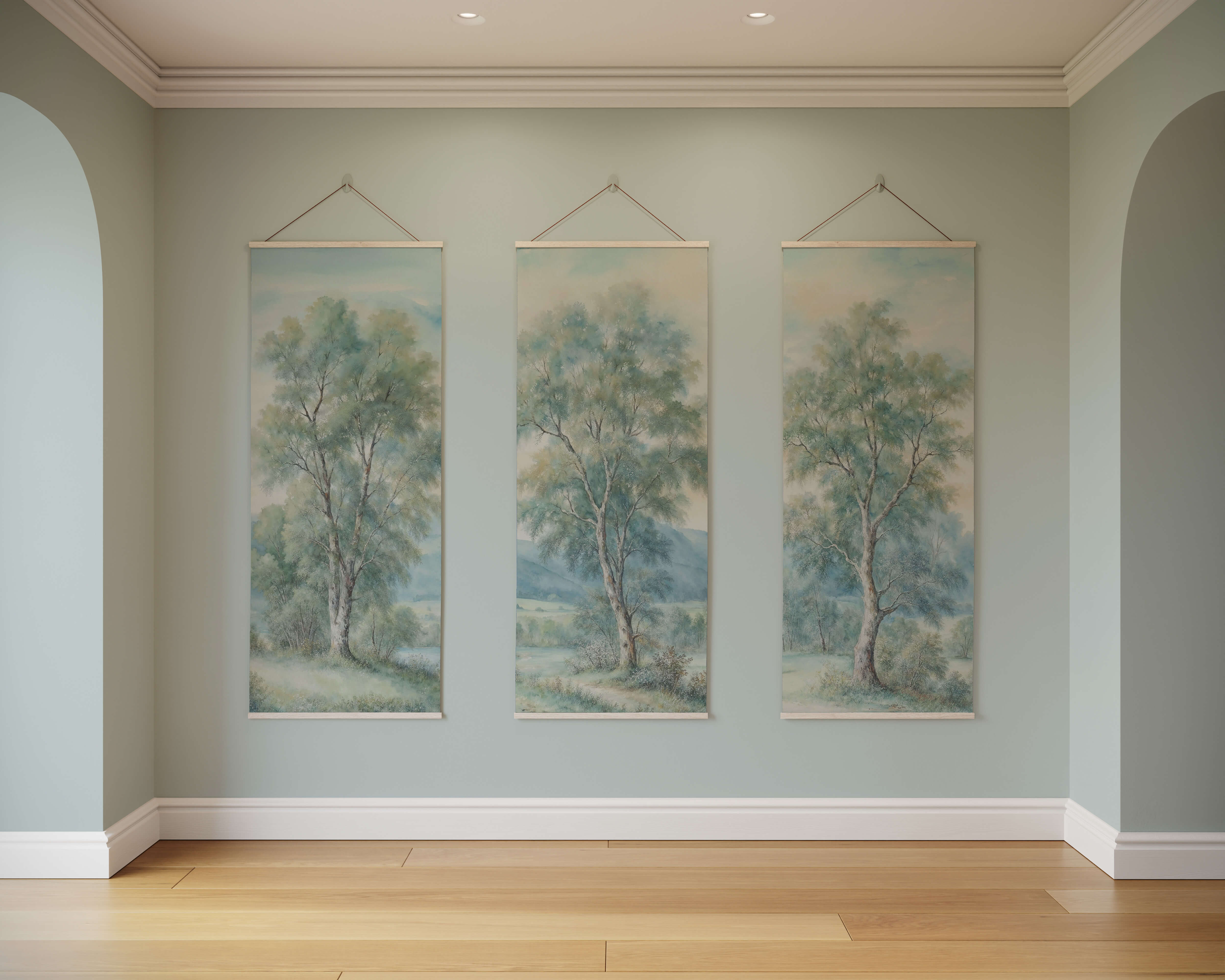 Three framed landscape paintings in soft green and blue tones create a serene countryside tapestry on a gray wall