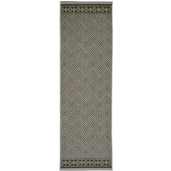 Gray and olive green geometric patterned runner rug with diamond motifs from county geo grey indoor outdoor collection