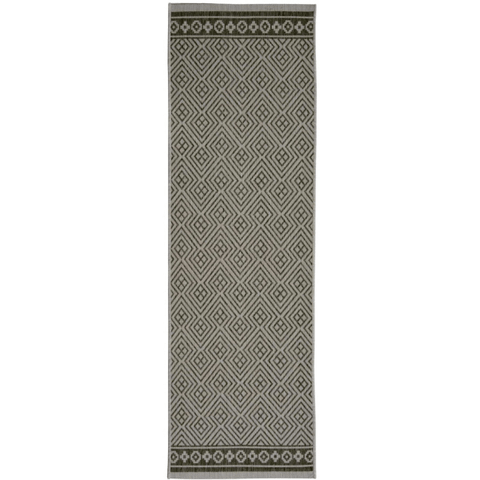 Gray and olive green geometric patterned runner rug with diamond motifs from county geo grey indoor outdoor collection