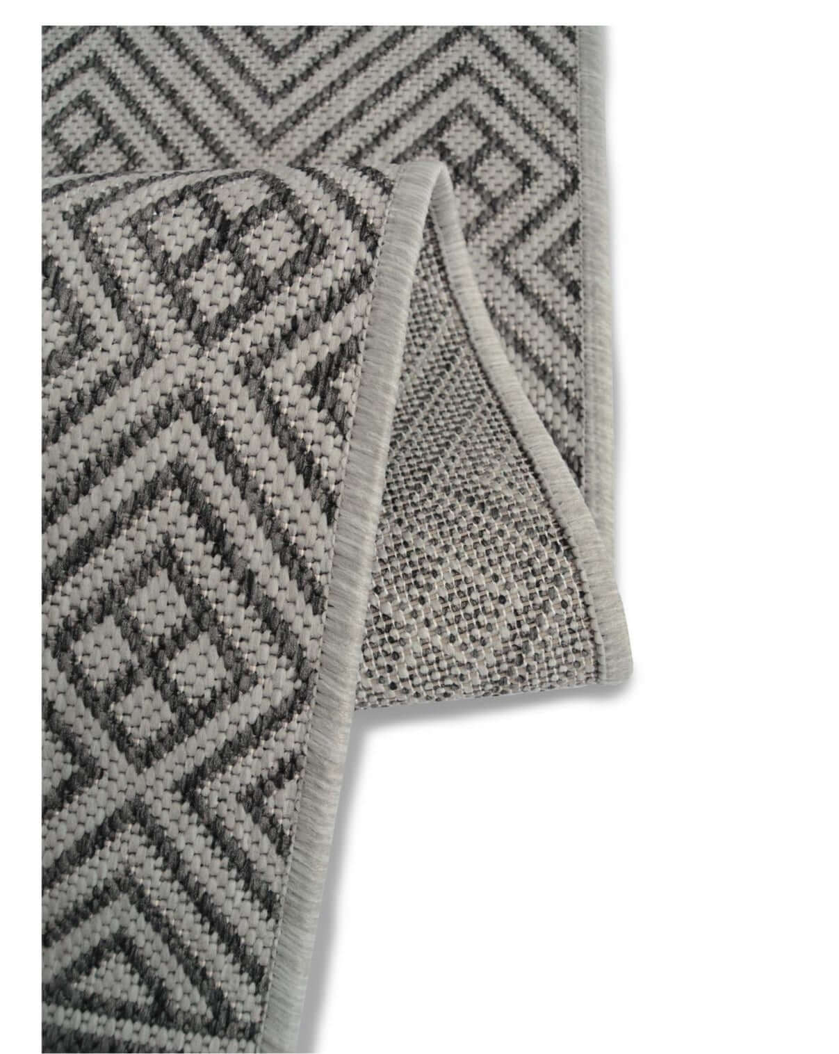 County geo grey indoor outdoor rug with gray and black geometric pattern and textured neutral-toned border