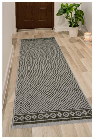 Gray geo indoor outdoor runner rug with a darker border and repeating diamond pattern county geo grey design