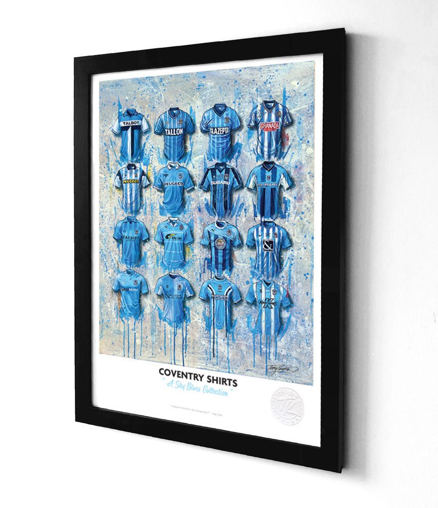 Framed print of coventry city sky blues football jerseys in blue arranged on a textured paint-splattered background