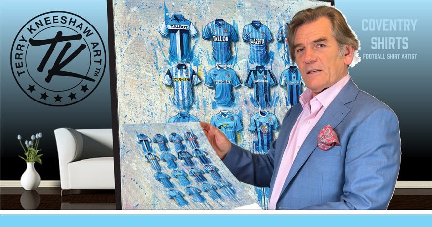Blue coventry city football jerseys on textured canvas in a sky blues a3 framed print wall art piece