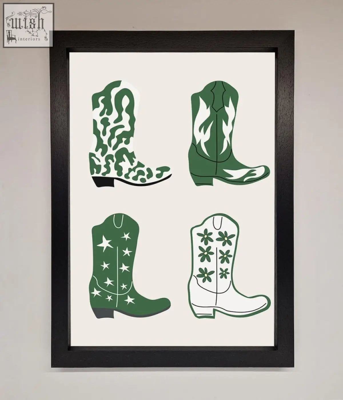 Framed artwork featuring four stylized green cowboy boots with white accents in a cowboy boots framed print