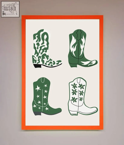 A cowboy boots framed print displaying four stylized green cowboy boots with white accents and unique patterns