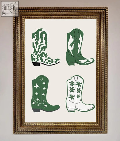 Framed artwork featuring four stylized green cowboy boots with white patterns on a cream background cowboy boots framed print