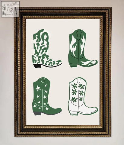 Framed artwork of four stylized green cowboy boots with camouflage flames stars and flowers in a cowboy boots framed print