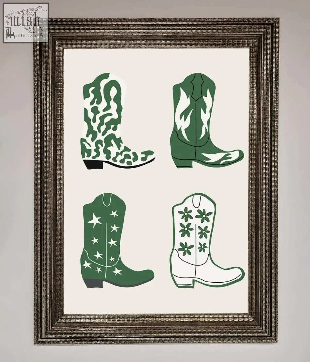 Framed artwork featuring four stylized green cowboy boots on cream background cowboy boots framed print