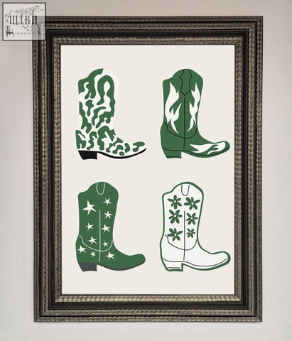 Framed artwork featuring four stylized green cowboy boots with white accents in a cowboy boots framed print