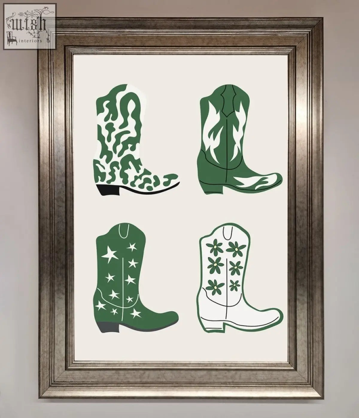 Framed artwork of four stylized green cowboy boots with camouflage flames stars and flowers in boots framed print