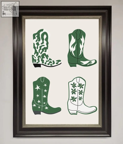 Framed print of four stylized green cowboy boots with patterns including camouflage flames stars and flowers cowboy boots framed