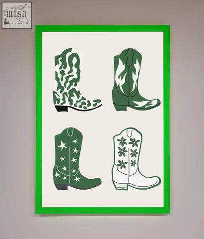 Green-framed cowboy boots framed print featuring four colorful stylized boots in various patterns and designs
