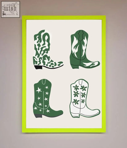 A cowboy boots framed print featuring four green stylized boots with patterns and a bright lime-green border