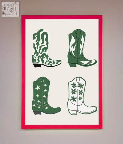 A cowboy boots framed print featuring four green boots with white patterns on cream background and pink border