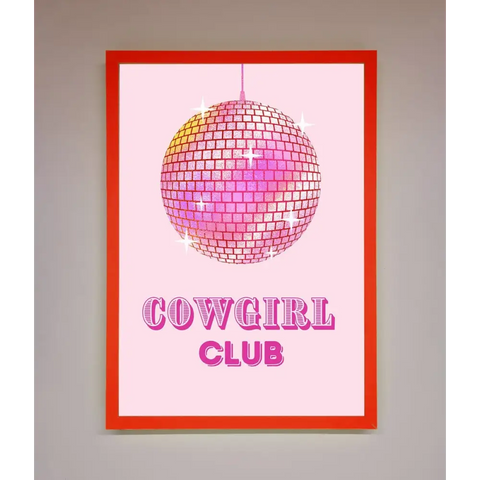 Cowgirl Club Disco Ball Framed Print - B0 (100 x 141 cm) / Neon Red - Framed Print
