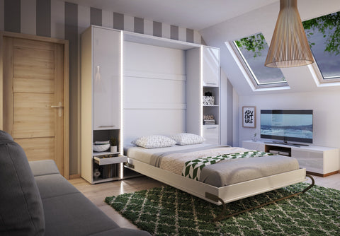 Vertical Folding Wall Bed with Storage Cabinets – Double 140cm | Pull Down Bed with Side Wardrobes