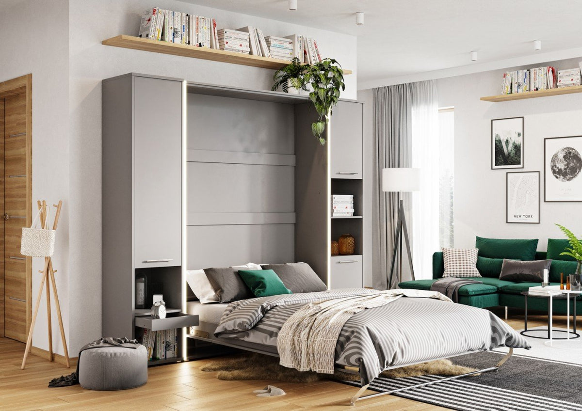 Vertical Folding Wall Bed with Storage Cabinet – Single 90cm | Pull Down Bed with Side Wardrobe