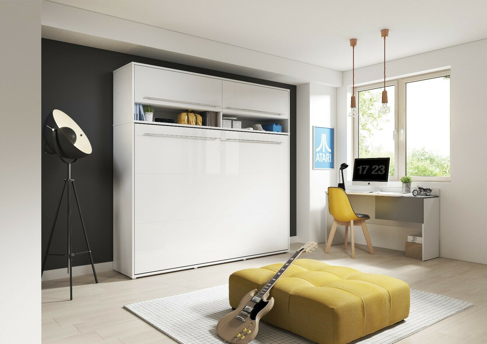 Horizontal Folding Wall Bed with Over Bed Unit – Double 140cm | Pull Down Bed with Overhead Cabinet