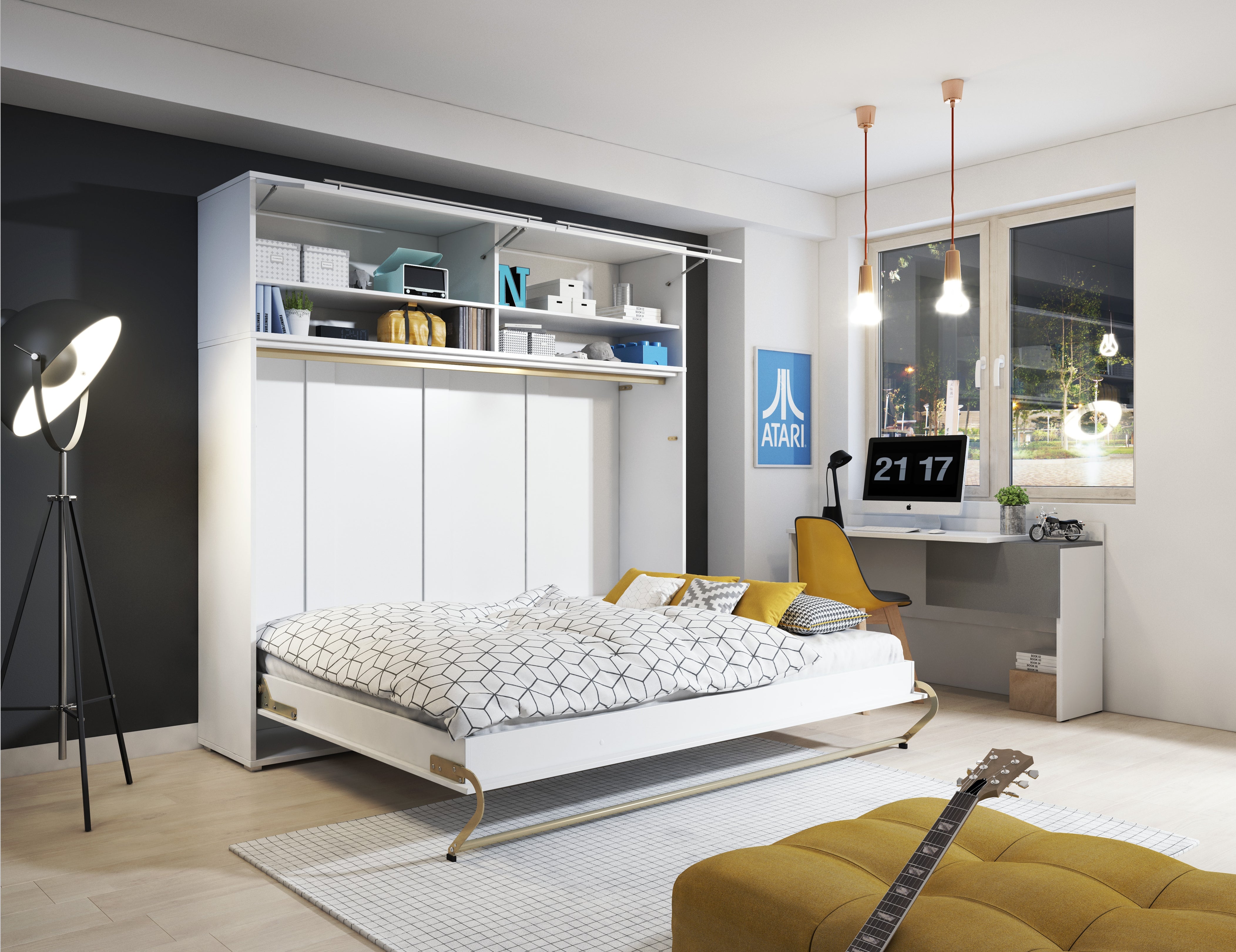 Horizontal Folding Wall Bed with Over Bed Unit – Small Double 120cm | Pull Down Bed with Overhead Cabinet