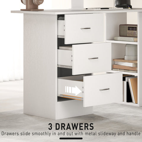 HOMCOM Computer Desk, Writing Table, PC Workstation with 3 Storage Shelves and Drawers, Silver Handle, for Home Office, White