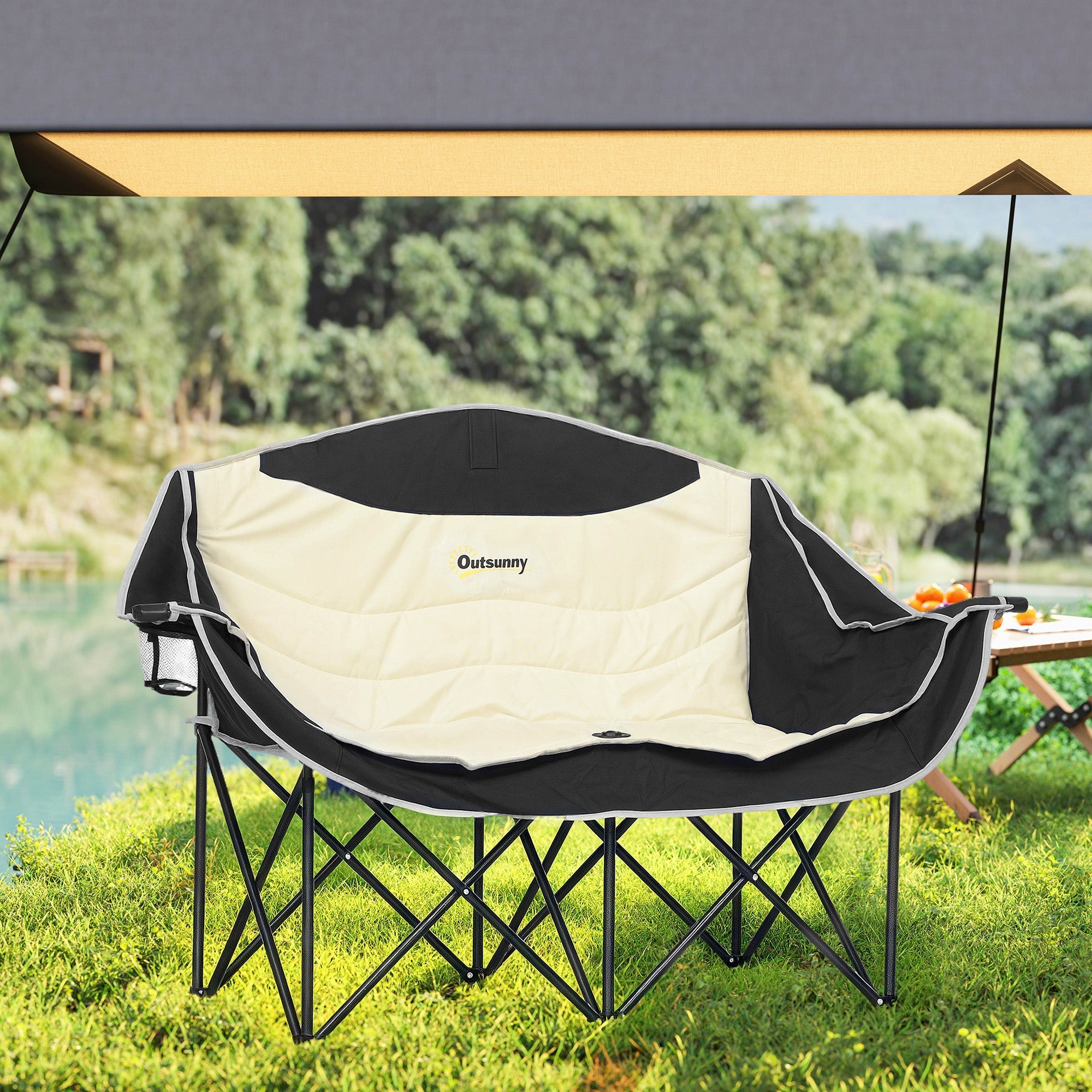 Outsunny Double Camping Chair for Adults, Oversized Heavy Duty Padded Folding Chair with Armrests, Cup Holders and Carry Bag for Outdoor Camping Hiking Picnic Fishing, 250kg Capacity, Khaki