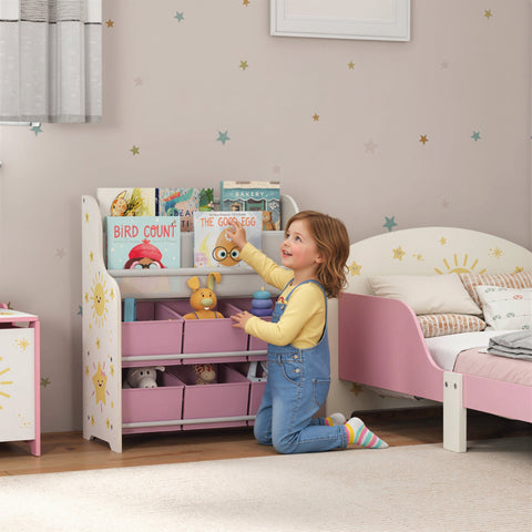 AIYAPLAY Kids Storage Unit, Toy Organiser with 6 Fabric Drawers and 2-Tier Sling Book Rack for Bedroom, Playroom, Nursery, Pink